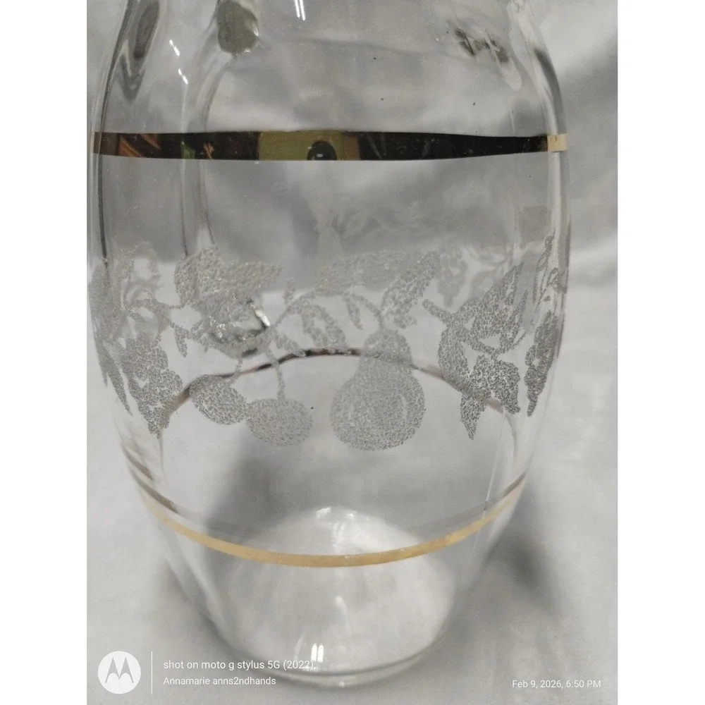 Mid Century Etched Glass Water Pitcher Gold Band Fruit Design‎
